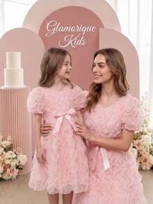 SHEIN Glamorique Kids 少女粉色花瓣袖波浪优雅连衣裙，配腰带，适合派对、宴会和夏季穿着 - 杏色 - 查看 3