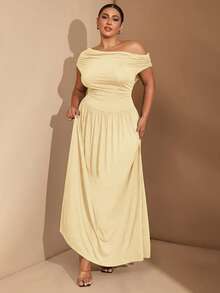 SHEIN Tall CURVE 大码女式优雅百搭弹力面料黑色连衣裙，适合日常穿着、派对、露肩等场合，适合大码女性，A字型长裙 - 米色 - 查看 7