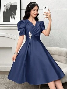 SHEIN 少女藏蓝色缎面羊腿袖A字型派对晚礼服 - 藏蓝色 - 查看 4