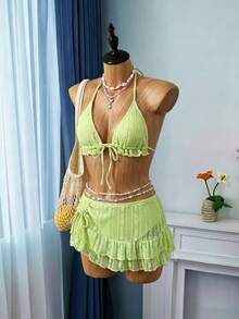 Bellisia Bộ bikini tam giác và váy đi biển bằng vải ren màu mơ ngọt ngào dành cho nữ, thích hợp cho kỳ nghỉ hè. - màu xanh lá - Xem 4