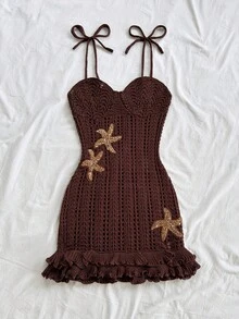 Soleia Plus Size Women's Holiday Brown Starfish Decor Double Ruffle Halter Sweater Dress, Suitable For Holiday Date, Afternoon Tea, Beach, Cruise, City Vacation, Wedding Season, Music Festival, Boho Vacation,Summer Outfits For Women,Spring Outfit,Beach Outfits For Women ,Graduation,Vacation Outfits Women. - Brown - View 4