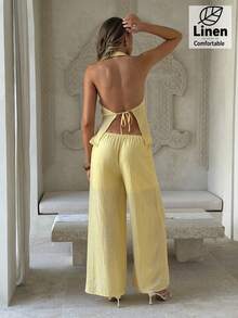 Aloruh Women's Summer Holiday Solid Color Textured Halter Top And Pants 2 Pieces Set Vacation Yellow Casual - Khaki - View 3