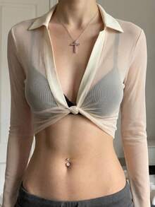 SHEIN EZwear 浅卡其色网眼露脐性感女式上衣 - 杏色 - 查看 5