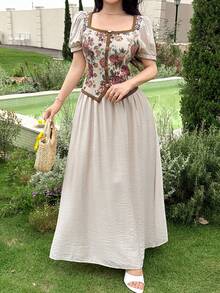 Feyla New Retro Contrast Color Patchwork Retro Print Cinched Waist Casual Party Holiday Dress - Multicolor - View 5