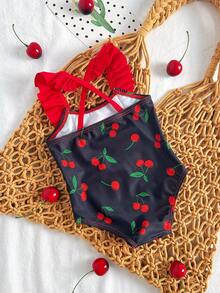 SHEIN Vintaside Kids Baju Renang Terusan Bayi Motif Cherry dengan Hiasan Ruffle, Potongan Kasual untuk Liburan dan Santai - Hitam - View 2