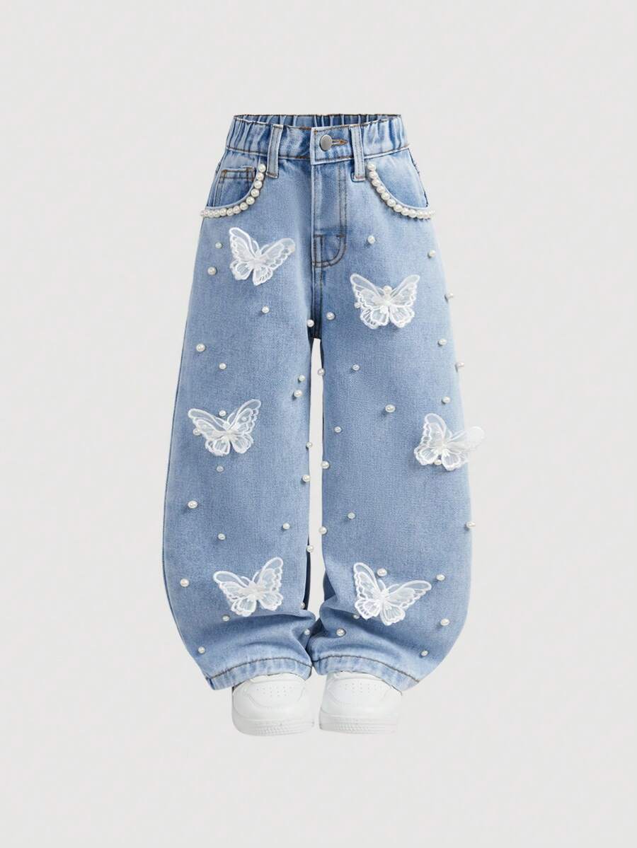 SHEIN 女童新款時尚波西米亞休閒Y2K白色仿珍珠裝飾緞帶蝴蝶結淺藍色牛仔寬鬆破洞牛仔褲,適合女童春夏季日常穿著、街頭風、海灘、返校、休閒,幼兒短褲,4歲女童短褲,夏季短褲,休閒短褲,蝴蝶結牛仔褲,返校牛仔褲 - 淺色水洗藍 - 查看 1