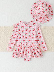 Baby Girls Cherry & Plaid Pattern Round Neck Long Sleeve Swimsuit And Hat Set - Multicolor - View 3