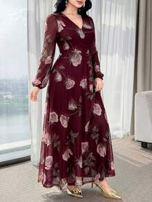 New Rose Flower Elegant Charming Elegant High-End Cinched Waist Dress For Women - Burgundy - View 6