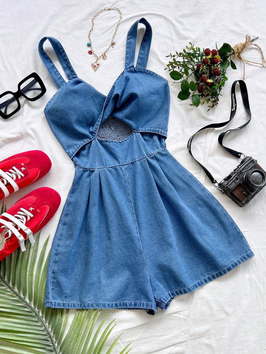 Soleia Bộ áo liền quần denim nữ thiết kế xoắn, khoét eo, có dây đeo - Màu xanh lam - Xem 1