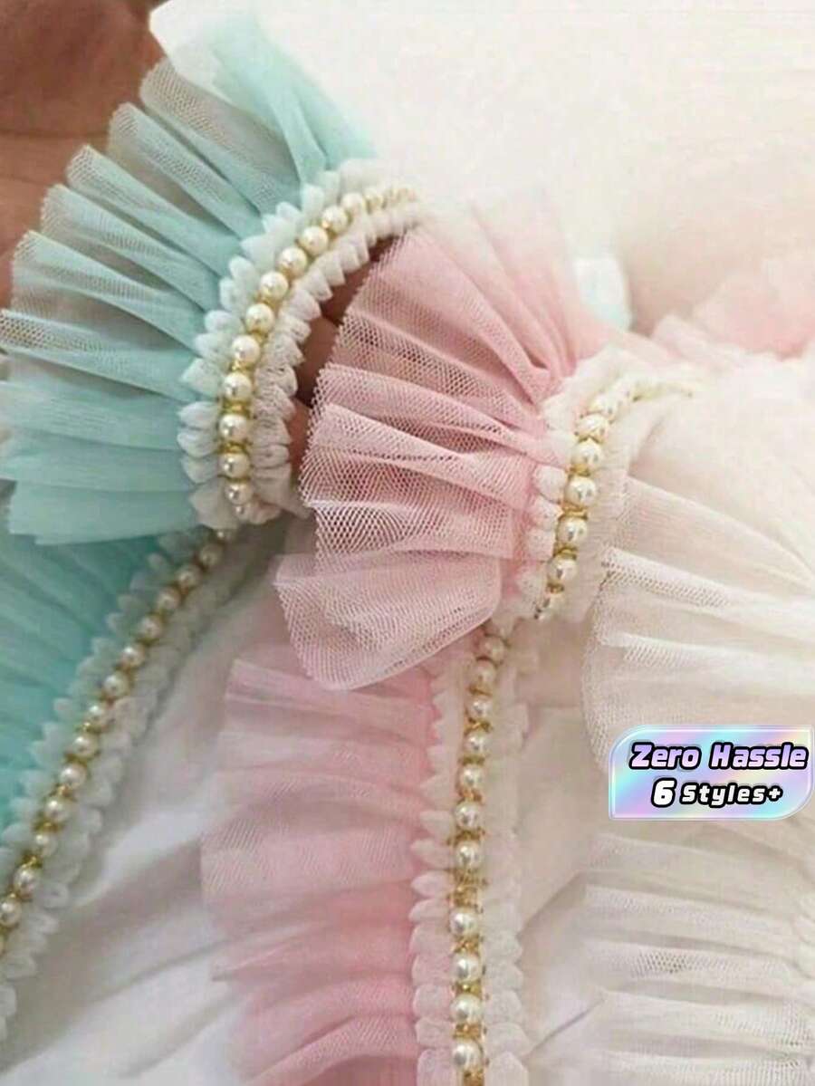 1 pieza Cuello de cinta de satén decorado con volantes y perlas falsas - Multicolor - Ver 1