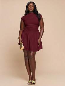 SHEIN BAE Plus Size Women Solid Color Pleated Elegant Waist Cinched Cocktail Party Dress - Maroon - View 4