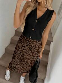 SHEIN LUNE Setelan 2 Potong Kardigan Kancing Motif Leopard Kasual Wanita, Cocok untuk Musim Semi/Panas, Pakaian Musim Panas untuk Wanita - MultiWarna - View 3