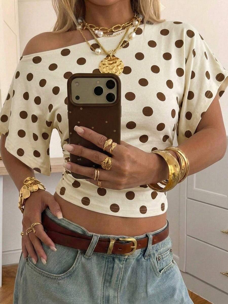 SHEIN EZwear 女士95%棉质奶油黄棕色波点针织蝙蝠袖短款T恤 - 完美适用于西部音乐节、春夏海滩度假、春假、波西米亚热带海岛婚礼、周年纪念、伴娘派对、约会之夜、性感婚礼宾客装扮、新娘送礼会、海滨度假、海岛女孩复古风、浪漫度假氛围、法国南部之旅 - 彩色 - 查看 1