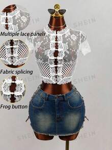 Mistrie Summer Beach Vacation Luxury Casual Women's Lace-Trimmed See-Through Cheongsam With Buttons, White Short T-Shirt. - White - View 3