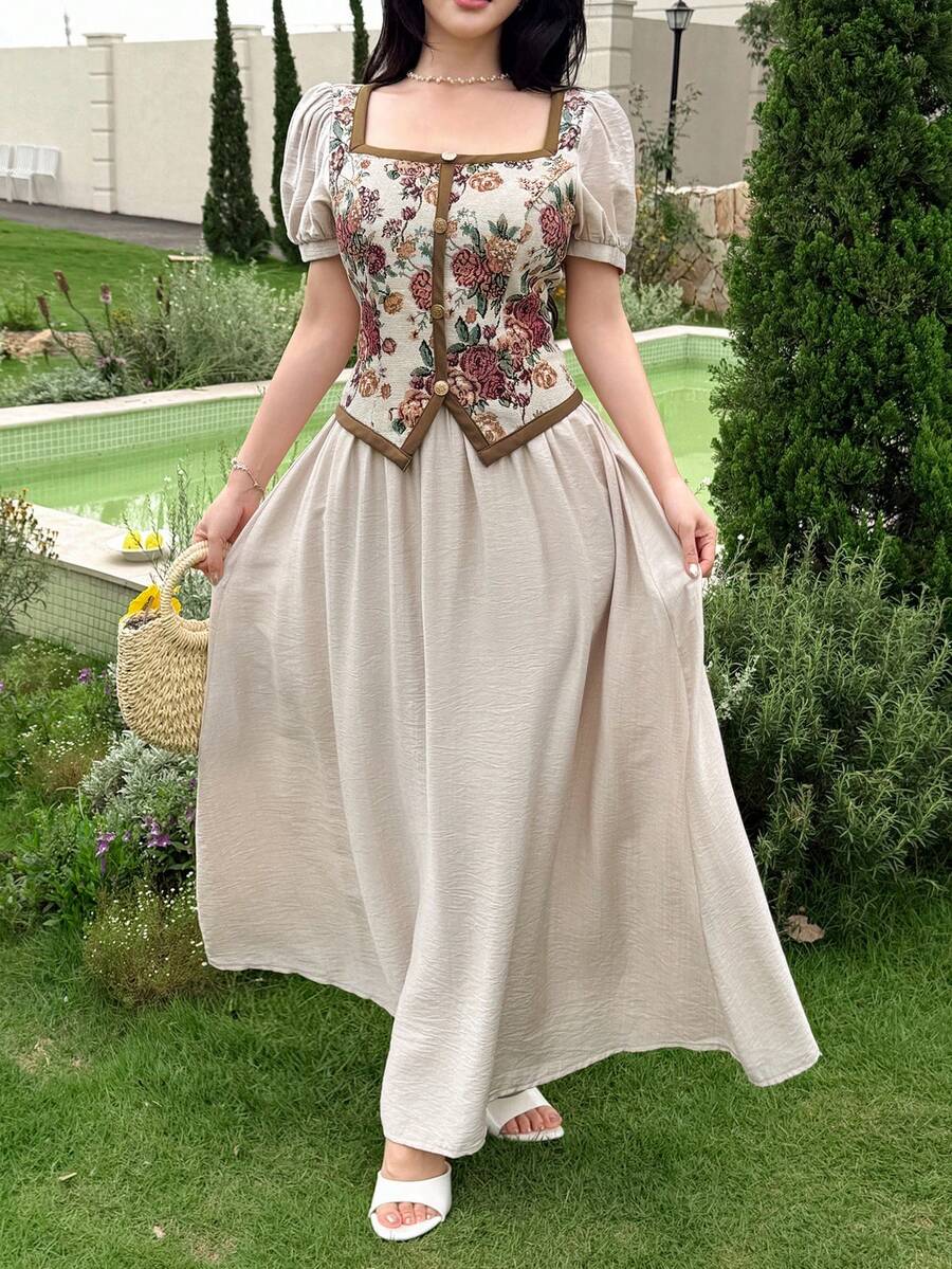 Feyla New Retro Contrast Color Patchwork Retro Print Cinched Waist Casual Party Holiday Dress - Multicolor - View 1