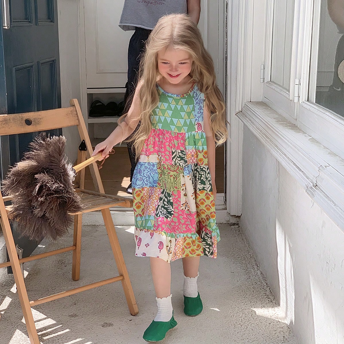 Vestido casual de verano para niña con estampado de patchwork, cuello redondo y sin mangas para vacaciones