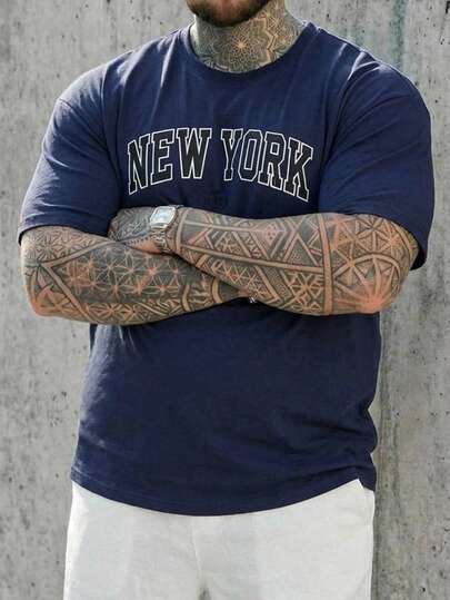 DAZY Navy Blue Letter Embroidered Plus Size Men T-Shirt, Short Sleeve