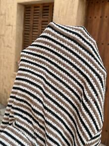 SHEIN 孕妇圆领落肩短袖休闲条纹两件套，夏季 - 咖啡棕 - 查看 7