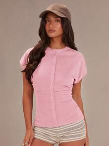 Athîral Women's Solid Color Round Neck Short Sleeve Front Button Casual Top, Summer,Summer Top - Baby Pink - View 2