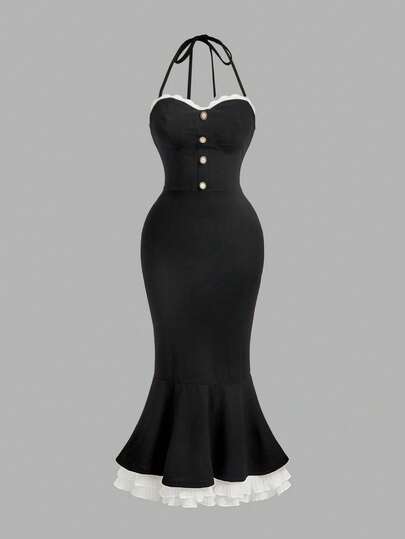 SHEIN MOD Plus Size Women's Black Lace Trim Hem Dress,Tea Party Dress,Elegant Dresses,Spring Dress,Summer Dress,Prom Dress,Birthday Dress,Party Dress,Wedding Guest Dress For Women,Vacation Dress,Dinner Dress,Prom Dress,Birthday Dress,Summer Dress,Estival Outfits For Women,Sao Joao Women's Clothing,Luxury Evening Wedding Dress,Graduation Dresse,Prom Dresses ,Birthday Dress For Women, Formal Dresses For Women, Black Dress,Ruffle Skirt