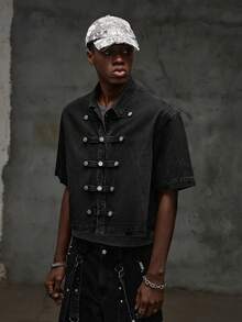 NEON BLANC Men's Short Sleeve Button Design Casual Denim Shirt - Black - View 3