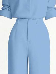 SHEIN Franclia New Button-Up Solid Color Shirt And Straight Leg Casual Pants Set - Blue - View 3