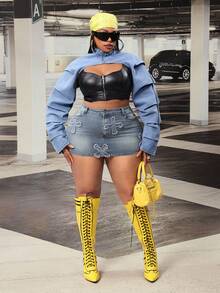 Slaydiva Chaqueta vaquera suelta y sexy de talla grande - Azul - Ver 6