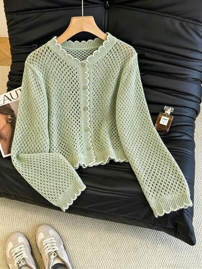 SHEIN Franclia Women's Solid Color Casual Hollow Out Cardigan