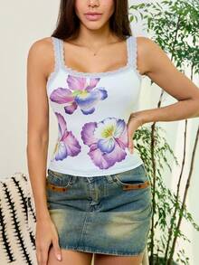 SHEIN Women's Floral Print Lace Patchwork Camisole - Baby Blue - View 3