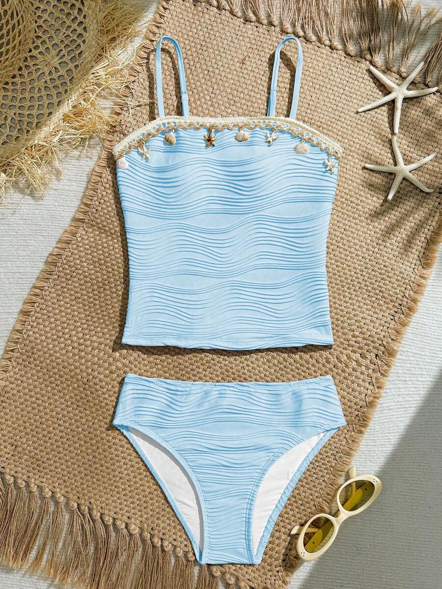 SHEIN Tween Girls' Summer Spaghetti Strap Bikini Set, Textured Fabric With Mesh Skirt, Beach & Pool Casual Vacation, Spring/Summer - Blue - View 1