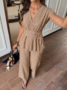Women's Vacation Casual Striped Shirt And Pants 2 Pieces Set - Brown - View 1