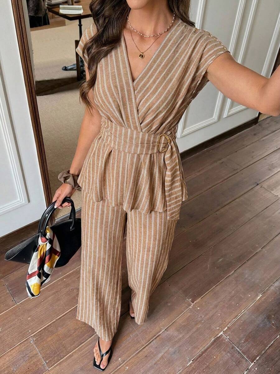 Women's Vacation Casual Striped Shirt And Pants 2 Pieces Set - Brown - View 1