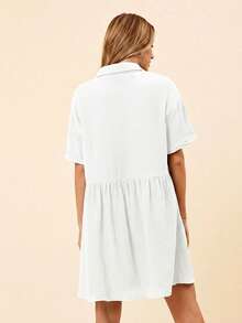 Coeurva Holiday Loose Solid Color Casual Women Summer Shirts Dress With Ruffled Hem - White - View 2