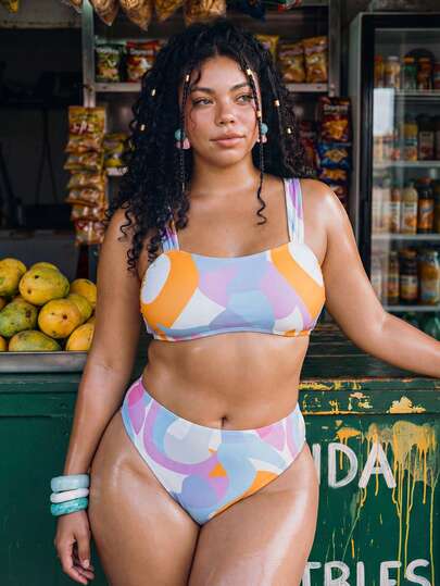 Swim Vcay Plus Size 2-Piece Swimwear For Women, Colorblock Casual Printed Square Neck Bikini Set With Adjustable Wide Straps, Suitable For Beach, Pool Party, Summer Vacation