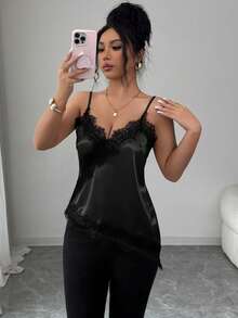 SHEIN Raffinéa Áo hai dây ren Pháp thanh lịch dành cho nữ - màu đen - Xem 1