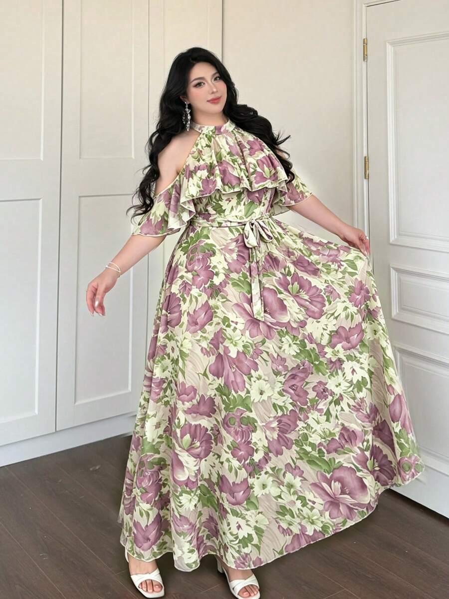 Vibekara 春季、夏季、度假风、优雅浪漫雪纺印花露背系带荷叶边装饰A字飘逸长裙、正式场合礼服 - 紫色 - 查看 1