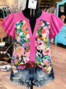 Linhara Plus Size Colorful Floral Print Short Sleeve Shirt - Hot Pink - View 1