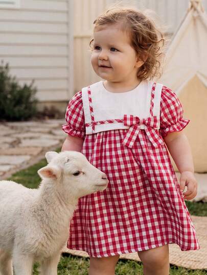 Cozy Pixies Baby Girl Decorative Bow Contrast Color Navy Collar Red Plaid Bubble Sleeve Waist Cinched Sweet Pastoral Cute Dress, Suitable For Outings, Vacations