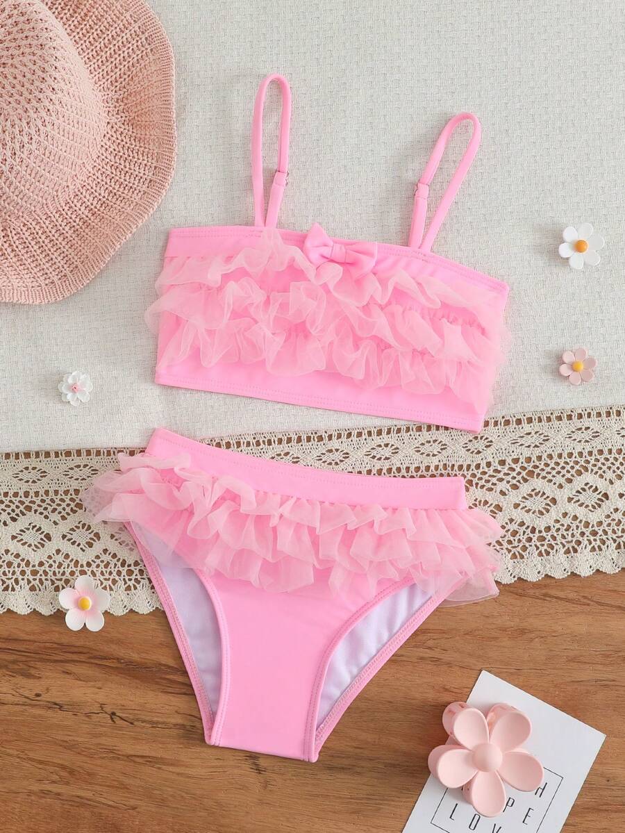 SHEIN Bộ đồ bơi đáng yêu cho bé gái với nơ màu trơn trang trí lưới vá xếp nếp - Màu Hồng baby - Xem 1