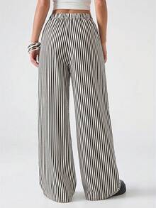 LYSMO Women's Casual Navy Blue Striped Drawstring Waist Loose Pants - Navy Blue - View 2