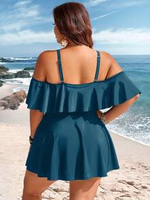 Swim Lushoire Vestido de playa de talla grande con hombros descubiertos y unicolor - Agua verde azul - Ver 3