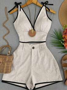 SHEIN Franclia 2pcs/Set Women's V-Neck Camisole Top And Shorts Set, Summer - Apricot - View 1