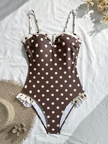 Swim Mod 2026 Spring/Summer Retro Polka Dot V-Neck Ruffle One-Piece Swimsuit, Women's Swimsuit, Polka Dot Bathing Suit - Multicolor - View 5
