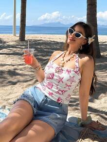 SHEIN SXY 大码海星、贝壳和蝴蝶结印花露背吊带上衣，适合夏季穿着 - 彩色 - 查看 7