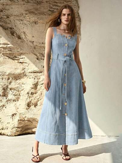MOTF PREMIUM WOMEN'S SINGLE-BREASTED BELTED SLIP DENIM DRESS