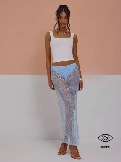 MUSERA Sheer Lace Thong Knicker Elasticated Waist Midi Skirt Cute Sexy Spring Summer Holiday Vacation Going Out Girly Cool Girl Late Checkout