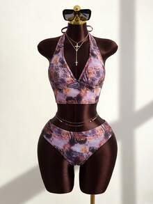 Spring/Summer Hot Selling Leopard Print Halter Top + Triangle Bikini Bottom + Drawstring Ruched Hem Skirt 3-Piece Beachwear Set - Multicolor - View 5