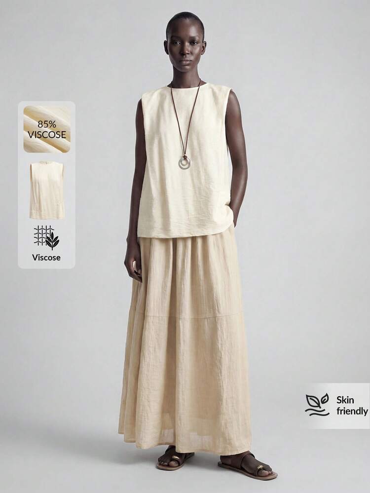 Women's Light Beige Sleeveless Crew Neck Vest,Effortless Chic Summmer Soft Viscose Cocoon Silhouette Top,Mushroom Button Accent,Brunch Minimalist Chic