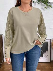 SHEIN LUNE توبات المرأة البدينة لموسم الخريف، ملابس علوية مرقعة بالكشكشة والدانتيل والجاكار ، أكمام فانوس ،فضفاضة وأنيقة للحزب واليومي للمرأة - لون مشمشي - مشاهدة 5