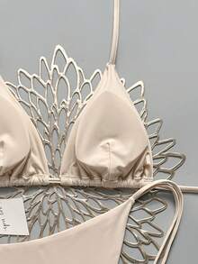 SHEIN Swim Mod Bộ bikini gợi cảm buộc dây cổ màu trơn dành cho nữ, thích hợp mặc đi biển mùa hè. - Màu be - Xem 5